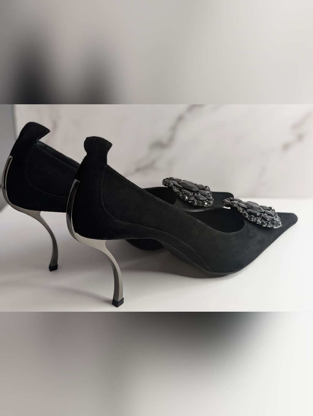 Jeffrey Campbell Parliament Black Suede Crystal Pointed Toe Pumps 8 - Picture 9 of 14